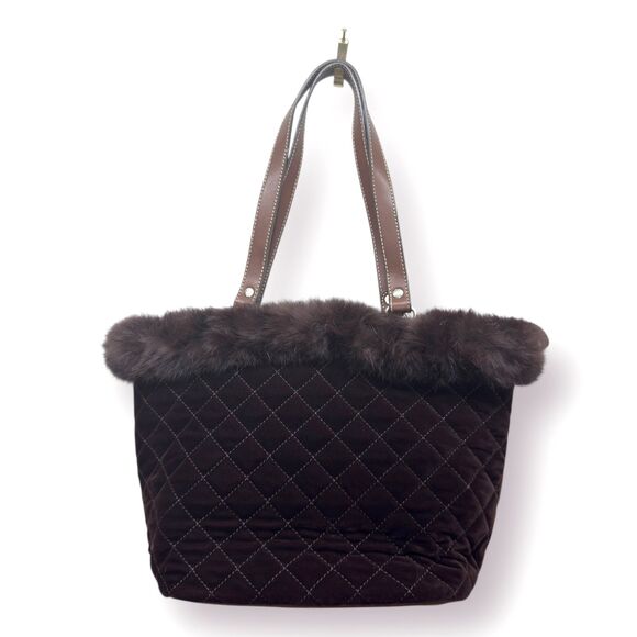 Y2k Fur Trim Quilted Brown Bag Purse Custom Cozy Chic Old Money Elegant Winter - Picture 6 of 12